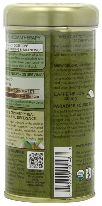 Zhena's Organic Gypsy Tea, Coconut Chai Green Tea, 22 Sachets N7