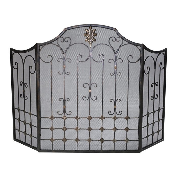 Old World Dark Bronze Scrolled Iron Fireplace Screen Tuscan Mesh Backing
