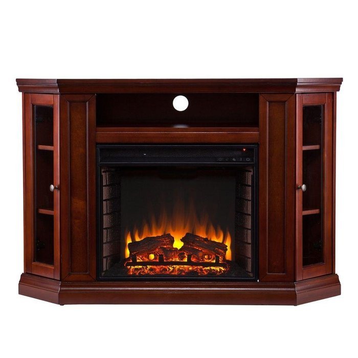 Carter 48 in. Convertible Indoor Mahogany Brown Electric Media Console Wall Mounted or Corner Fireplace, For TV...