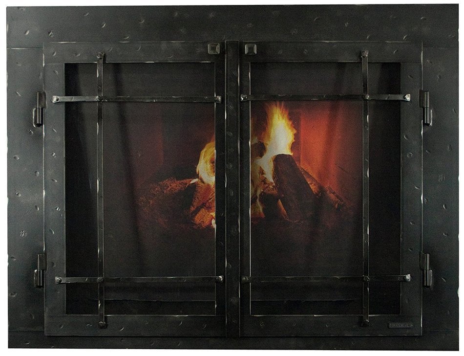 Ironhaus Iron Fireplace Glass Door with Gate Mesh with 4" Frame In Hammered Natural Finish, Mission Design, 3"...