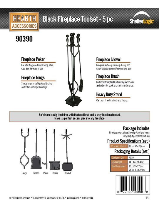 ShelterLogic 90390 5-Piece Fireplace Toolset, Black