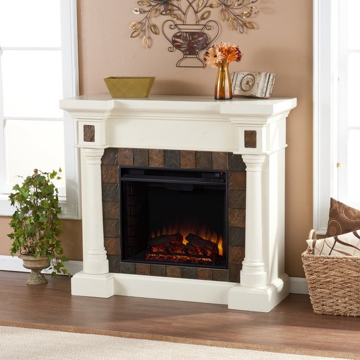Faux Slate Convertible Corner or Flat Wall Electric Fireplace - Ivory N4