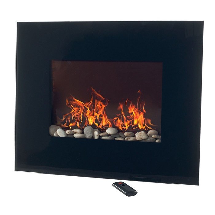 Black Glass Panel Electric Fireplace Wall Mount & Remote 26 x 20 Inch 1500W N9