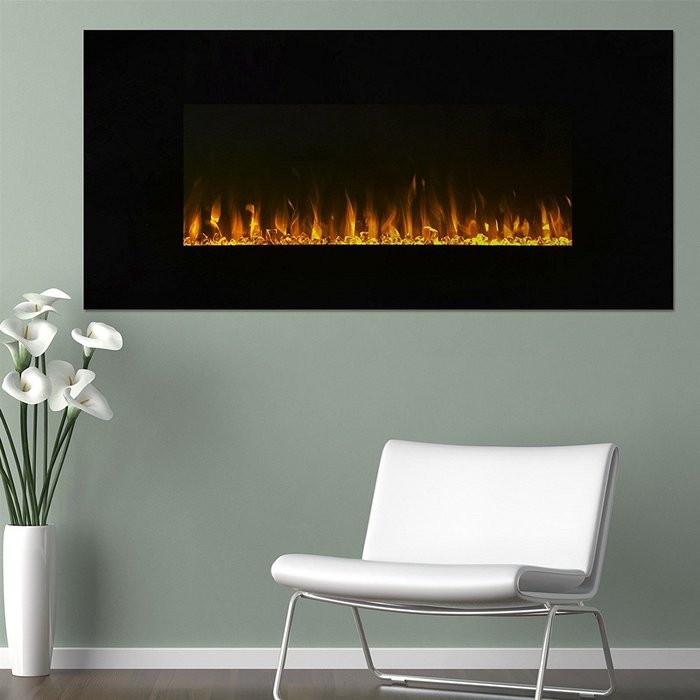 Black Glass Panel Electric Fireplace Wall Mount & Remote 26 x 20 Inch 1500W N10