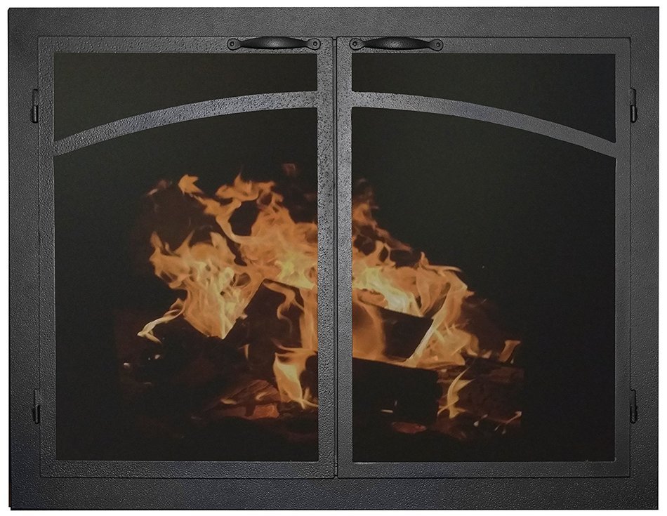 Ironhaus Fireplace Glass Door with Gate Mesh with 2 1/2" Frame In Textured Black Finish, Arch Panels Design, 2...