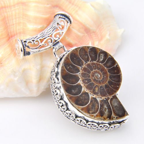 NEW Amazing Handmade Natural Ammonite Fossil Gemstone Vintage Silver Pendant 2"