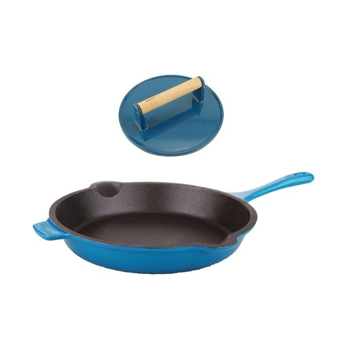 BergHOFF Cast Iron 2 Piece Set, Fry Pan & Steak Press, Blue