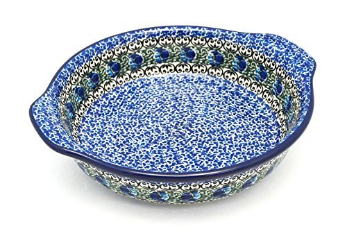 Polish Pottery Baker - Round with Grips - Medium - Peacock Feather