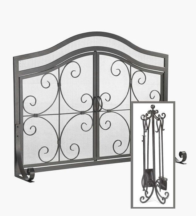 Plow & Hearth Small Crest Fireplace Screen With Doors And Tool Set