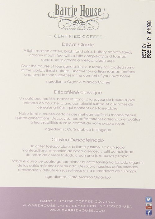 Barrie House Organic & Fair Trade Certified Decaf Classic Single Cup Capsules, 24 Count