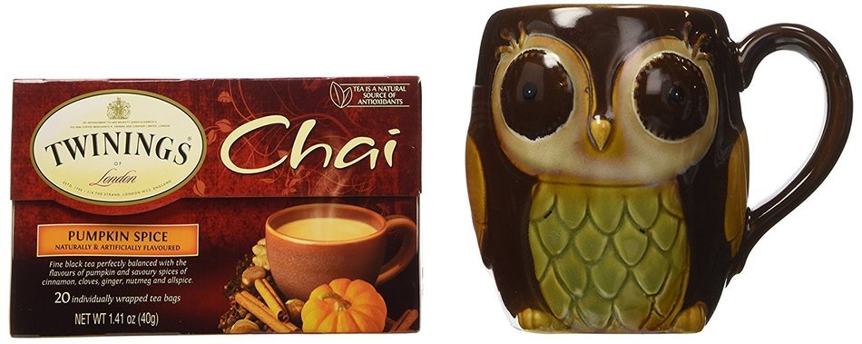 Twinings Pumpkin Spice Chai Tea with Chocolate Porcelain Owl Mug - Gift Boxed