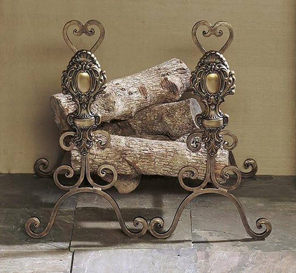 Fireplace Accents - "Villa Medici" Andirons - Bronze Iron with Brass Medallions - Fire Place Andirons