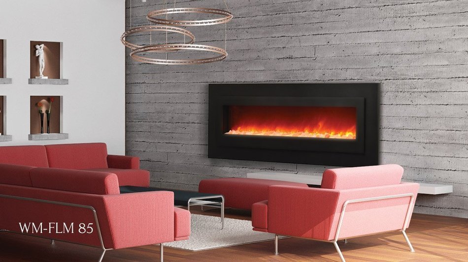 Sierra Flame Electric Fireplace with 85" x 27" Black Steel Surround & overlay