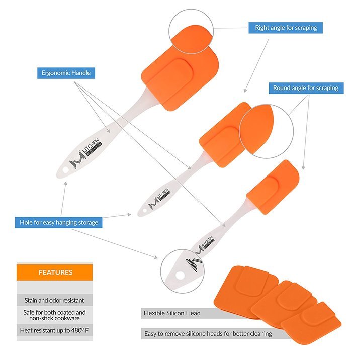 mKitchen Orange Soft Easy Flex Silicone Spatula Set of 3 - Heat Resistant Baking Supplies, Bakeware Set, Kitchen...
