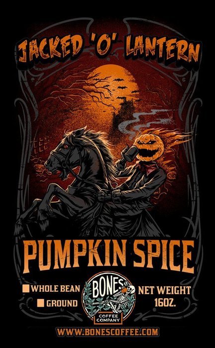 Bones Coffee Company's "Jacked 'O' Lantern" Pumpkin Spice Coffee 16 oz. N3