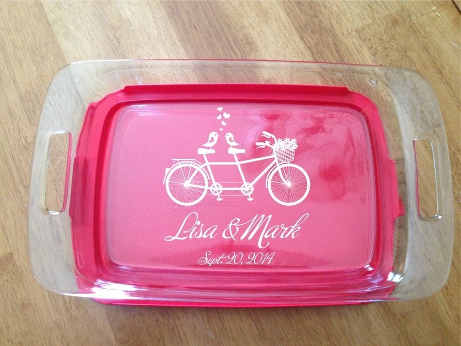 Personalized Pyrex Dish 9x13 Birds on Bike Wedding Anniversary W/lid Gift