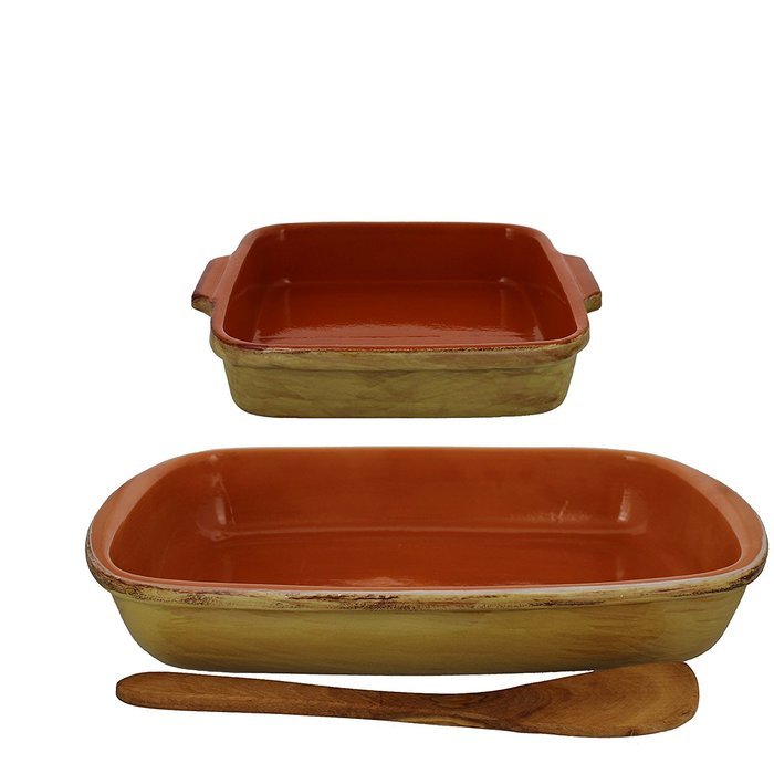 French Home 2 Piece Stoneware Baking Set and 12" Olive Wood Spatula, Saffron Yellow