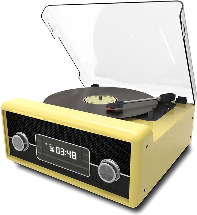 Sylvania SRCD875-YELLOW Turntable with Direct Encoding and USB Charging + CD and Radio, Yellow