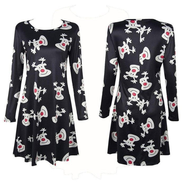 Women Dress,Haoricu Womens Xmas Christmas Printed Party Flared Swing Dress N8