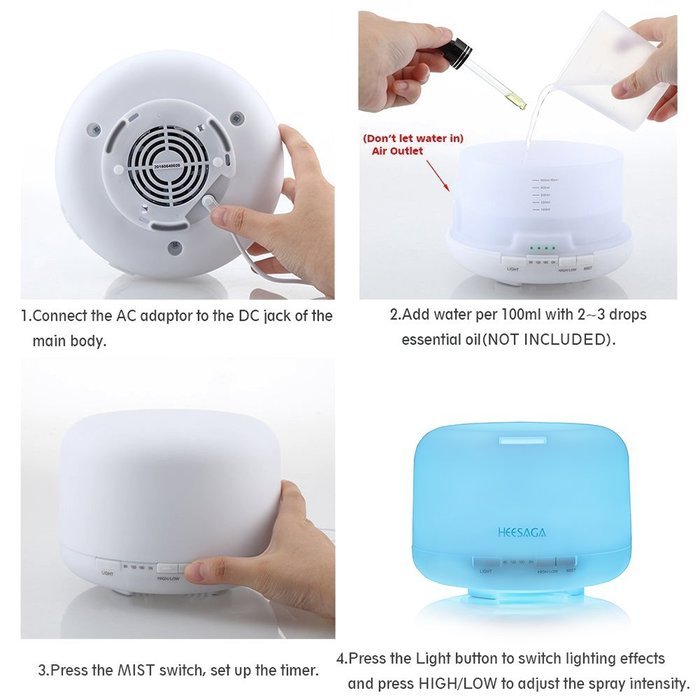 HEESAGA Aromatheraphy Essential Oil Diffuser, 500ml Ultrasonic Air Humidifier with 4 Timer Settings 7 LED Color...