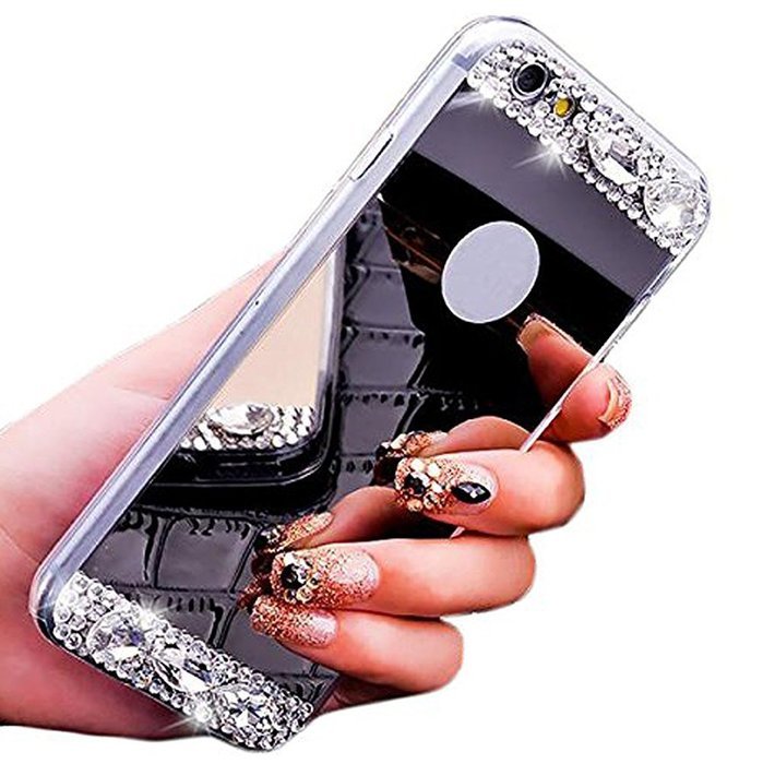iPhone 7 Plus Glass Mirror Silver Case-Auroralove Luxury Bling Diamond Makeup Case Soft Slim Glass Mirror Case... N16