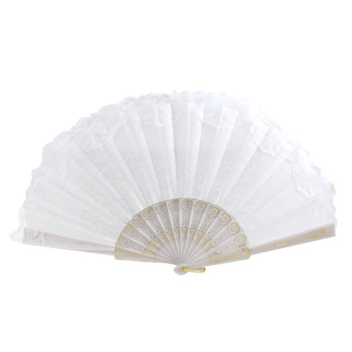 Lady Flower Pattern Lace Rim Decor Folding Dancing Hand Fan White