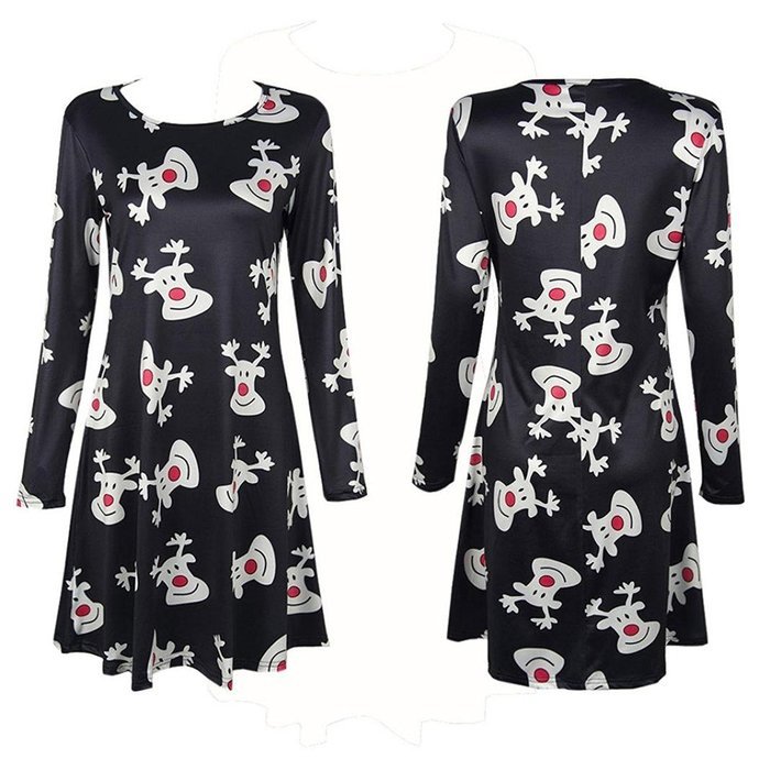 Women Dress,Haoricu Womens Xmas Christmas Printed Party Flared Swing Dress N11