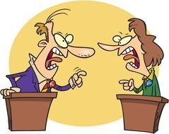 Debate, angry man and woman on tribunes
