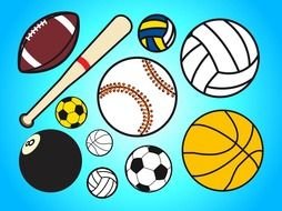 Sports Balls and bat, drawing