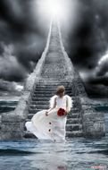 mystical photo of a bride against a stone staircase