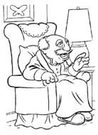 cartoon old man sits on armchair in room, coloring page