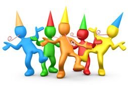 multi-colored match men at a party in multi-colored caps