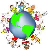 painted children in colorful clothes around the planet