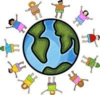 Multicultural cartoon people around globe, Clip Art