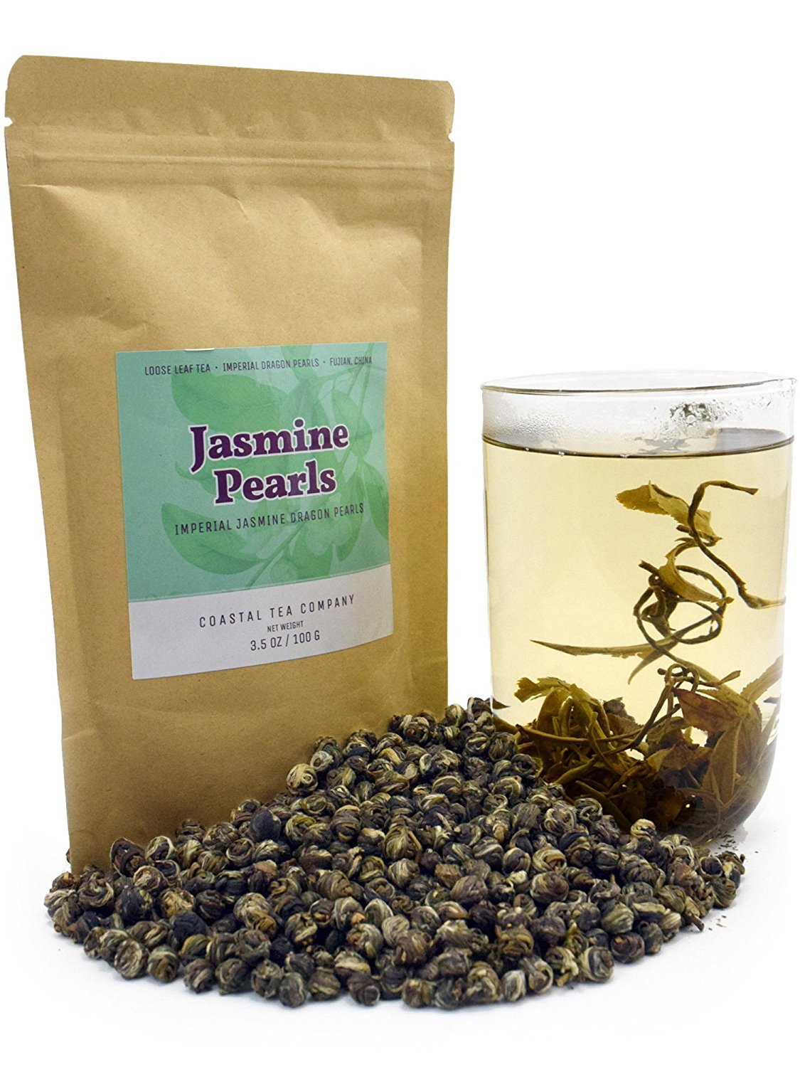 Coastal Tea Company Jasmine Pearls Tea, Naturally Scented Imperial Grade Green Tea, Dragon Pearl