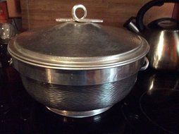 Vintage Mid Century Modern Nasco Italy Hammered Aluminum Casserole Server with Fire-King Divided Casserole Dish N3