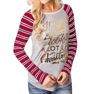 AIMTOPPY Women Fashion Letter Print Stripe Round Collar Cotton Long Sleeve Casual Tops (S, Red) N3