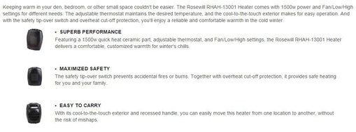 Rosewill RHAH-13001 1500W Quick Heat Ceramic Heater with Safety Tip Over Switch