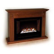Modern Flames Home Fire Series Electric Fireplace with Glass Set, Red Straight Side Panels, and Brown Cabinet N4