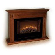 Modern Flames Home Fire Series Electric Fireplace with Glass Set, Red Straight Side Panels, and Brown Cabinet N5