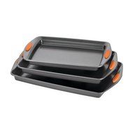 Nonstick Bakeware 3-Piece Oven Lovin&rsquo; Cookie Pan Set, Gray with Orange Silicone Grips