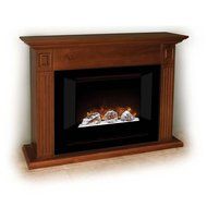 Modern Flames Home Fire Series Electric Fireplace with Glass Set, Red Straight Side Panels, and Brown Cabinet N9