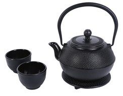 Teapot Black Cast Iron kettle Pot Tea Set With Trivet and Two Tea Cup By Juvale N2