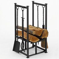MISSION Fireplace Hearth Woodstove Center : Wood Log &amp; Kindling Bin Holder with Tool Set - BLACK