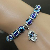 BD Hamsa Fatima Hand Evil Eye Bracelet Handmade Beads Elastic Band Unisex NEW