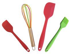 Silicone 4 Piece Kitchen/baking Tool Set. 1 Big Red Spatula, 1 Small Red Spatula, 1 Multi Coloured Whisk and 1...