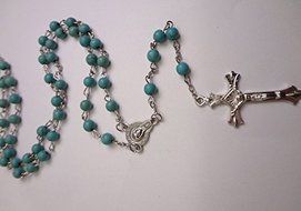 Unique Turquoise Beads Rosary Blue Catholic Necklace Holy Soil Medal &amp; Cross N2