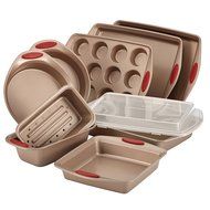 Rachael Ray 10-Piece Cucina Nonstick Bakeware Set, Latte Brown with Cranberry Red Handle N4