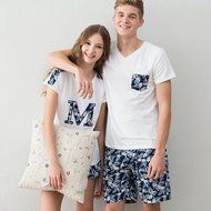 KAKA(TM) Girl Boy Summer Sleepwear Couples Cotton Letter Pattern Homewear Short Sleeve Pajama Shorts and Top Set N4