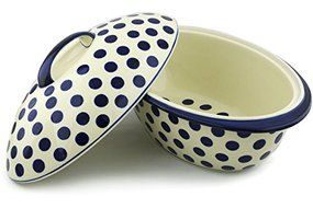 Polish Pottery Baker with Cover 16-inch Bold Blue Dots N4